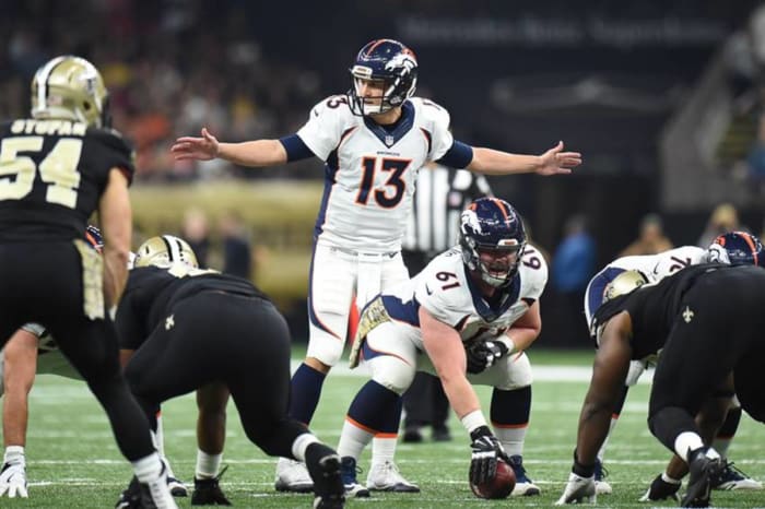 11/13/16; Denver Broncos QB Trevor Siemian (13) lines up against the New Orleans Saints. Credit: Crescent City Sports
